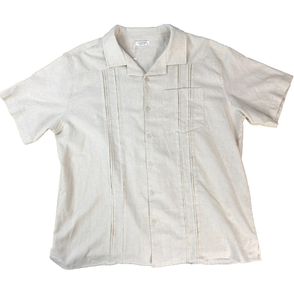 NEW COOFANDY Men's XXL Guayabera Shirt Tan Linen Blend Short Sleeve Cuban Beach‎